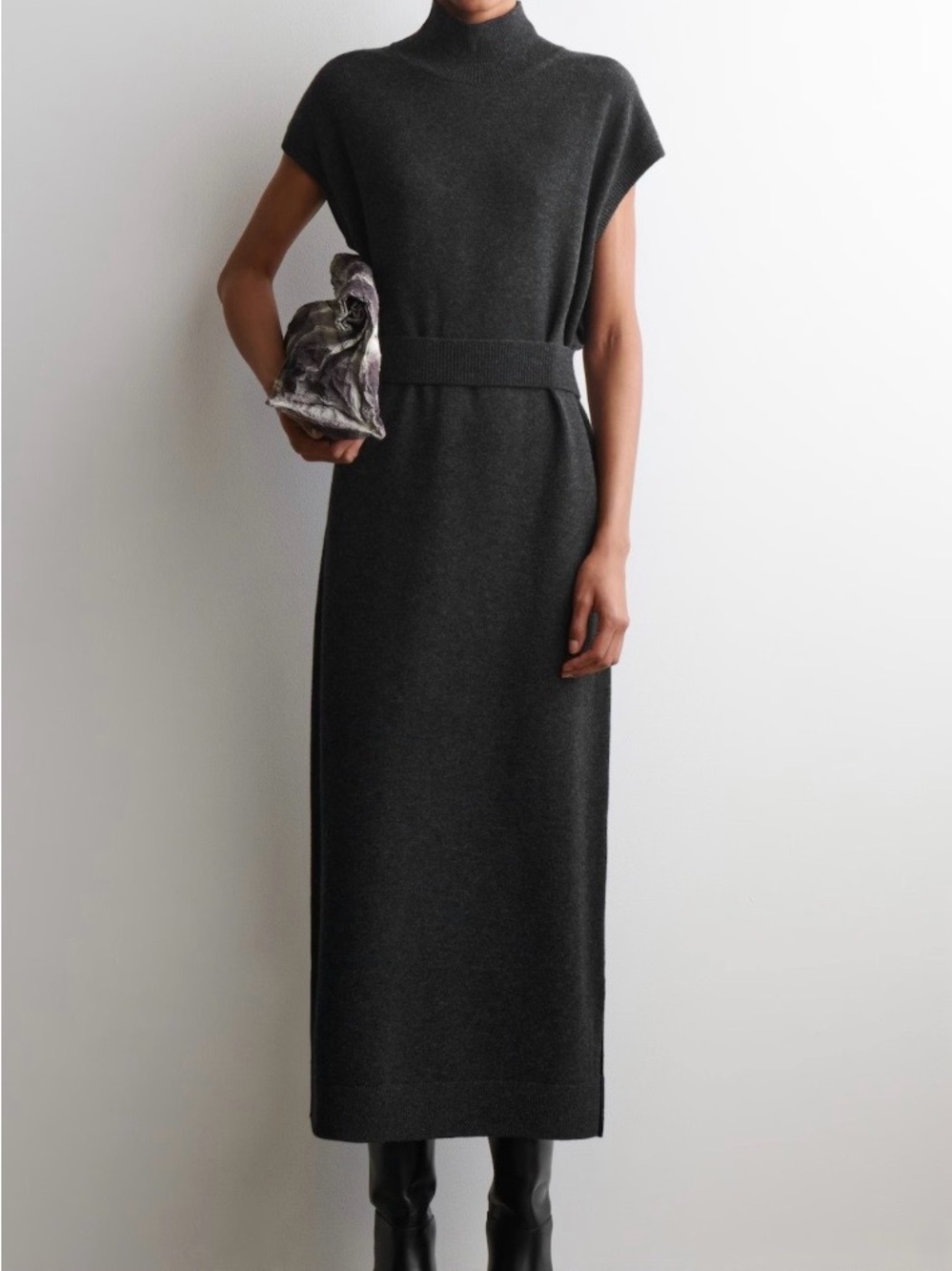 COS BELT-DETAIL MERINO WOOL MOCK-NECK DRESS